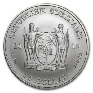 moeda de prata 1 oz Suriname 2013 face