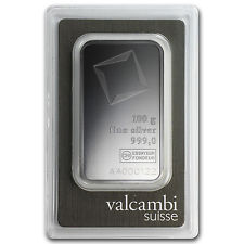 Valcambi Suisse barra de prata 100 gramas - certificada inteira