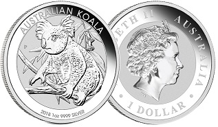 moeda de prata Australian Silver Koala 1 oz 2018