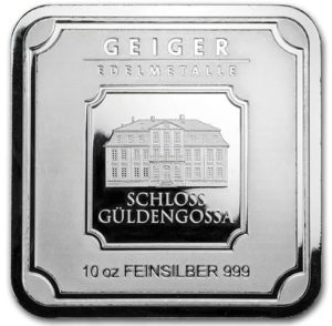 barra de prata Geiger Edelmetalle Square barra de prata 10 oz certificada frente