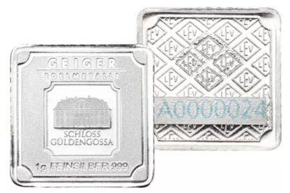 barra de prata Geiger Edelmetalle Square barra de prata 25x1 g certificada dupla