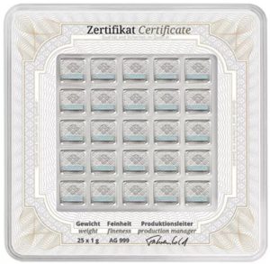barra de prata Geiger Edelmetalle Square barra de prata 25x1 g certificada