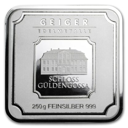 barra de prata Geiger Edelmetalle Square barra de prata 250 gramas certificada frente
