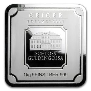 barra de prata Geiger Edelmetalle Square barra de 1 kg certificada frente