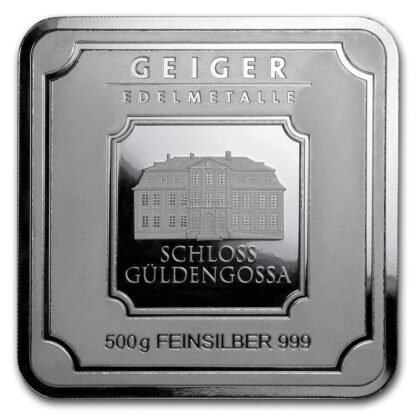 barra de prata Geiger Edelmetalle Square barra de 500 gramas certificada frente