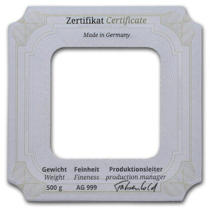 barra de prata Geiger Edelmetalle Square barra de 500 gramas certificado