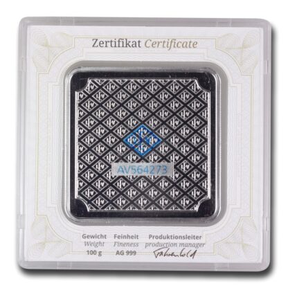 Geiger Edelmetalle Square barra de prata 100 g certificada verso