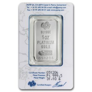 barra de Platina PAMP Suisse 1 oz troy certificada verso