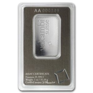 barra de Platina Valcambi Suisse 1 oz troy certificada verso