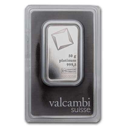 barra de Platina Valcambi Suisse 50 gramas certificada face