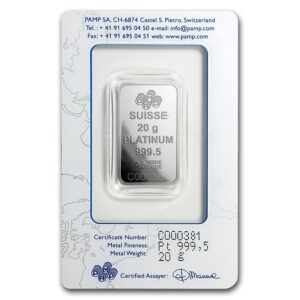 barra de Platina PAMP Suisse 20 gramas certificada verso