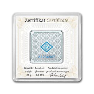 barra de prata pura .999 Geiger Edelmetalle Square barra de prata 20 g certificada verso