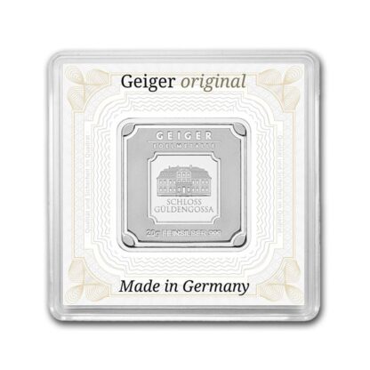 barra de prata pura .999 Geiger Edelmetalle Square barra de prata 20 g certificada face