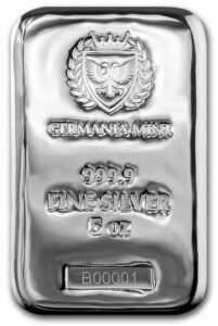 barra de prata pura .999 Germania Mint barra de 5 oz seriada face