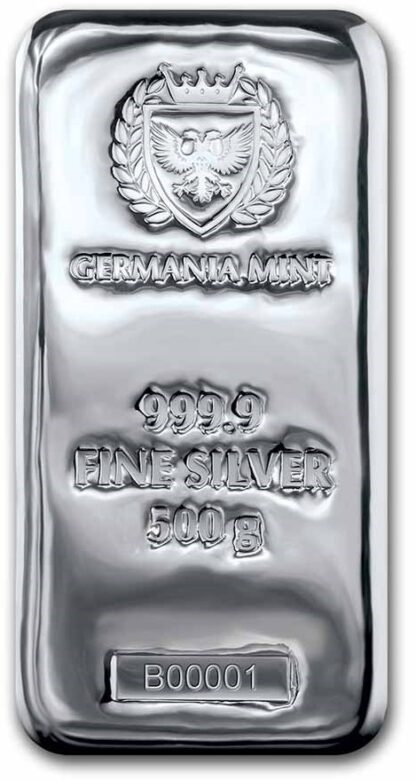 barra de prata pura .999 Germania Mint barra de 500 g seriada face
